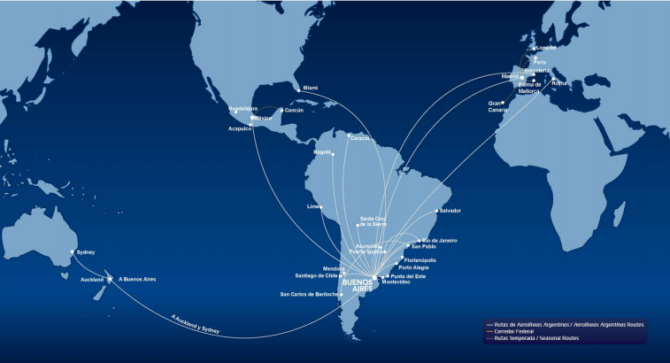 Mapa de rutas internacionales aerolíneas argentinas